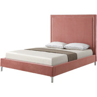 Blush Solid Wood Queen Upholstered Velvet Bed With Nailhead Trim