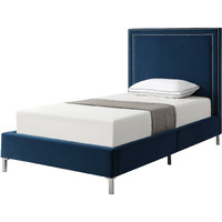 Navy Blue Solid Wood Twin Upholstered Velvet Bed With Nailhead Trim