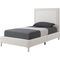 White Solid Wood Full Upholstered Faux Leather Bed With Nailhead Trim