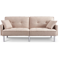 85"" Beige Polyester Blend And Silver Convertible Futon Sleeper Sofa And Toss Pillows
