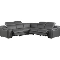 Gray Italian Leather Power Reclining Curved Five Piece Corner Sectional