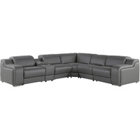 Gray Italian Leather Power Reclining Curved Six Piece Corner Sectional With Console
