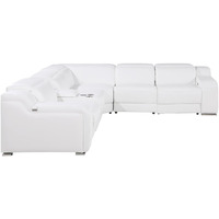 White Italian Leather Power Reclining Curved Six Piece Corner Sectional With Console