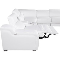 White Italian Leather Power Reclining Curved Eight Piece Corner Sectional With Console