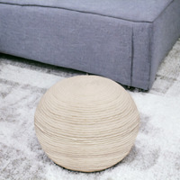 20"" Ivory Wool Round Ribbed Pouf Ottoman