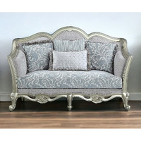 66"" Light Gray And Champagne Linen Damask Loveseat And Toss Pillows