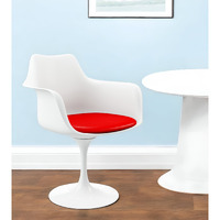 White Heavy Duty Plastic Swivel Dining Arm Chair With Red Faux Leather Cushion