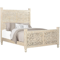 Distressed White Floral Carved Wood Queen Bed
