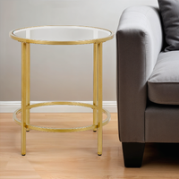 22"" Brass And Clear Glass And Steel Round End Table