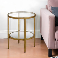 24"" Antiqued Brass And Clear Glass And Steel Round Mirrored End Table With Shelf