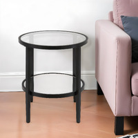 24"" Black And Clear Glass And Steel Round Mirrored End Table With Shelf