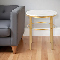 24"" Brass And White Faux Marble And Steel Round End Table