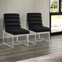 Set Of Two Tufted Black And Silver Metallic Upholstered Velvet Dining Side Chairs