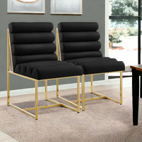 Set Of Two Tufted Black And Gold Upholstered Faux Leather Dining Side Chairs
