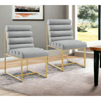 Set Of Two Tufted Gray And Gold Upholstered Faux Leather Dining Side Chairs