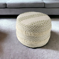18"" Ivory And Green Cotton Blend Round Striped Pouf Ottoman