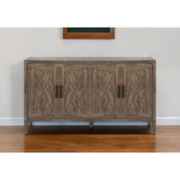 60"" Natural And Brown Distressed Wood Carved Geometric Sideboard With Four Doors