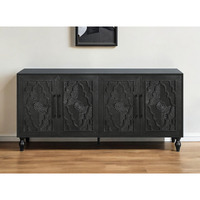 68"" Black Distressed Carved Floral Sideboard With Four Doors