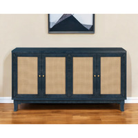 60"" Blue Wood And Rattan Distressed Sideboard With Four Doors