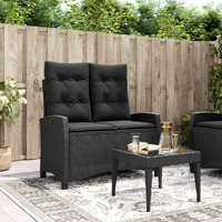 Vidaxl Reclining Patio Bench With Cushions Black Poly Rattan