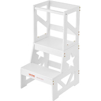 Vevor Toddler Step Stool  Natural Pine Wood Kids Kitchen Stool Helper With Safety Rail  Standing Tower Learning Stool For Bedroom Bathroom Kitchen Counter  150Lbs Loading Capacity  White
