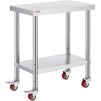 Vevor 30X18X34 Inch Stainless Steel Work Table 3-Stage Adjustable Shelf With 4 Wheels Heavy Duty Commercial Food Prep Worktable With Brake For Kitchen Prep Work