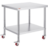 Vevor 30X36X34 Inch Stainless Steel Work Table 3-Stage Adjustable Shelf With 4 Wheels Heavy Duty Commercial Food Prep Worktable With Brake For Kitchen Prep Work