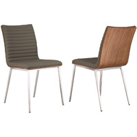 Armen Living Caf Brushed Stainless Steel Dining Chair In Gray Faux Leather With Walnut Back - Set Of 2