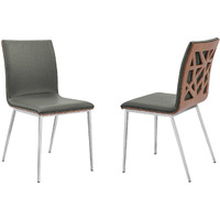 Armen Living Crystal Dining Chair In Brushed Stainless Steel Finish With Grey Faux Leather And Walnut Back - Set Of 2