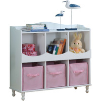 Pilaster Designs - Wood 6 Cubby Storage Cabinet With 3 Pink Fabric Bins  White Finish