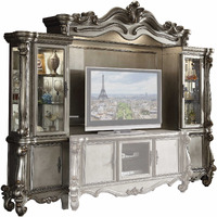 21"" X 118"" X 95"" Antique Platinum Wood Poly Resin Glass Entertainment Center
