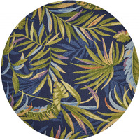 8' Ink Blue Hand Hooked Uv Treated Oversized Tropical Leaves Round Indoor Outdoor Area Rug