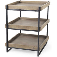 Medium Brown Wooden Square Top Side Table With Three-Tiered Black Iron Frame