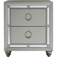 Silver Champagne Tone Nightstand With 2 Drawer  Mirror Trim Accent