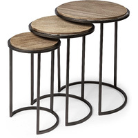 Set Of 3 Brown Wood Round Top Accent Tables With Iron Nesting