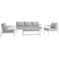 Crown 4 Piece White Aluminum And Teak Outdoor Seating Set With Light Gray Cushions