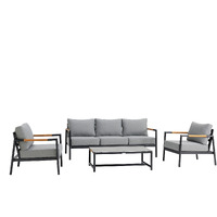 Crown 4 Piece Black Aluminum And Teak Outdoor Seating Set With Dark Gray Cushions