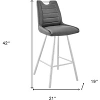 30"" Grey Faux Leather And Brushed Stainless Steel Bar Stool