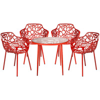 Leisuremod Devon Mid-Century Modern 5-Piece Aluminum Outdoor Patio Dining Set With Tempered Glass Top Table And 4 Stackable Flower Design Arm Chairs For Patio  Poolside  Balcony  And Backyard Garden