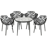 Leisuremod Devon Mid-Century Modern 5-Piece Aluminum Outdoor Patio Dining Set With Tempered Glass Top Table And 4 Stackable Flower Design Arm Chairs For Patio  Poolside  Balcony  And Backyard Garden