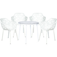 Leisuremod Devon Mid-Century Modern 5-Piece Aluminum Outdoor Patio Dining Set With Tempered Glass Top Table And 4 Stackable Flower Design Arm Chairs For Patio  Poolside  Balcony  And Backyard Garden