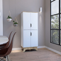 Double Kitchen Pantry Wallas  Double Door  Four Legs  Four Shelves  Light Oak  White Finish(D0102Hgedba)