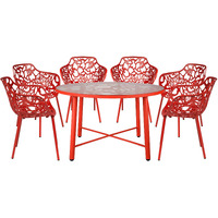 Leisuremod Devon Mid-Century Modern 7-Piece Aluminum Outdoor Patio Dining Set With Tempered Glass Top Table And 6 Stackable Flower Design Arm Chairs For Patio  Poolside  Balcony  And Backyard Garden