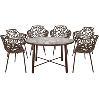 Leisuremod Devon Mid-Century Modern 7-Piece Aluminum Outdoor Patio Dining Set With Tempered Glass Top Table And 6 Stackable Flower Design Arm Chairs For Patio  Poolside  Balcony  And Backyard Garden