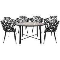 Leisuremod Devon Mid-Century Modern 7-Piece Aluminum Outdoor Patio Dining Set With Tempered Glass Top Table And 6 Stackable Flower Design Arm Chairs For Patio  Poolside  Balcony  And Backyard Garden