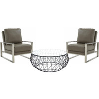 Leisuremod Jefferson Modern Leather Armchair With Silver Frame And Round Coffee Table With Glass Top And Metal Base