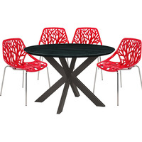 Leisuremod Ravenna Mid-Century Modern 5-Piece Metal Dining Set With 4 Stackable Plastic Chairs And Round Wood Table With Geometric Base For Kitchen And Dining Room