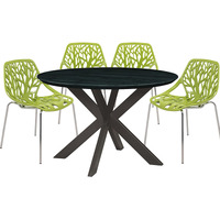 Leisuremod Ravenna Mid-Century Modern 5-Piece Metal Dining Set With 4 Stackable Plastic Chairs And Round Wood Table With Geometric Base For Kitchen And Dining Room