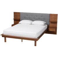 Baxton Studio Eliana Mid-Century Modern Transitional Grey Fabric And Ash Walnut Finished Wood King Size Platform Storage Bed With Built-In Nightstands