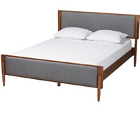 Baxton Studio Powers Mid-Century Modern Grey Fabric And Ash Walnut Finished Wood Queen Size Platform Bed
